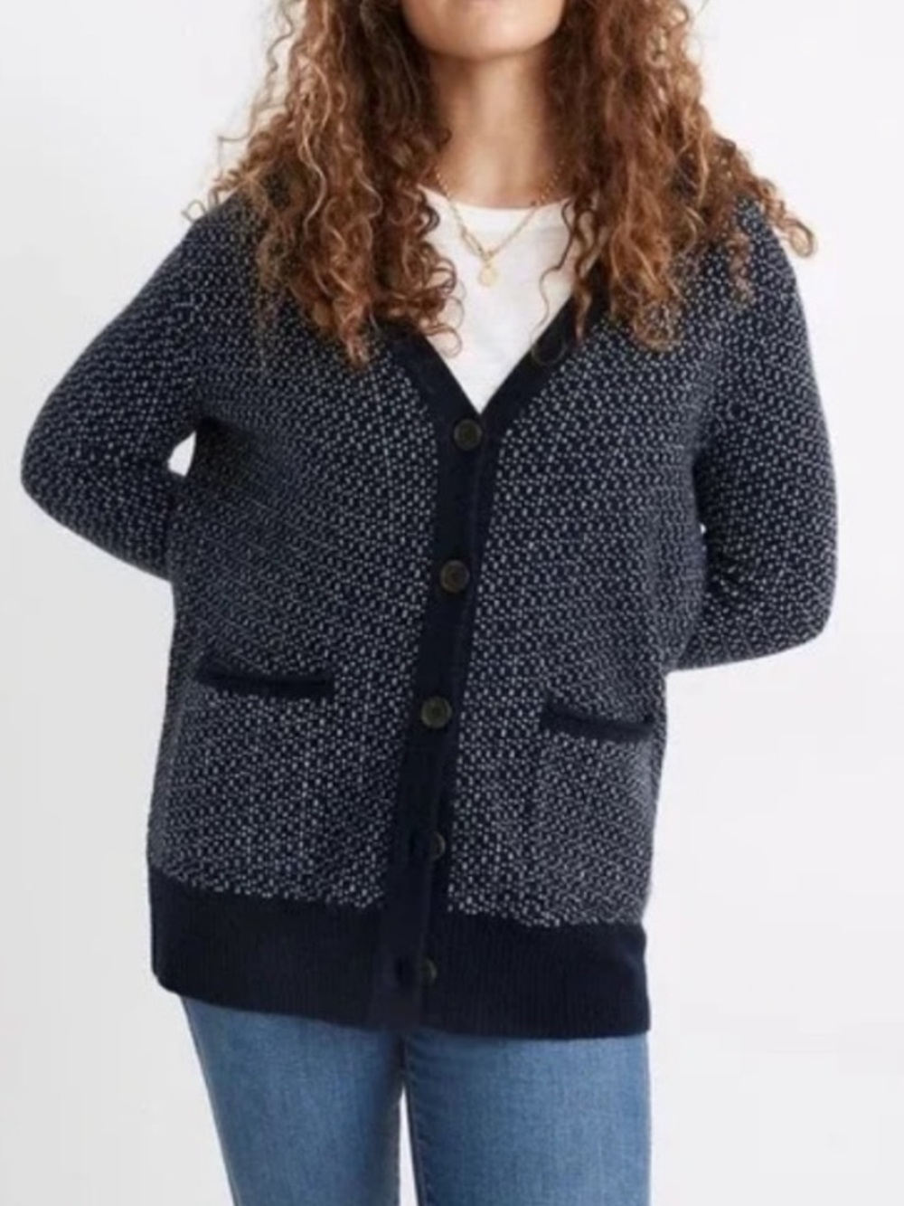 Madewell Womens Navy Blue Birds Eye Maysfield Textured V‑Neck Cardigan Sweater M